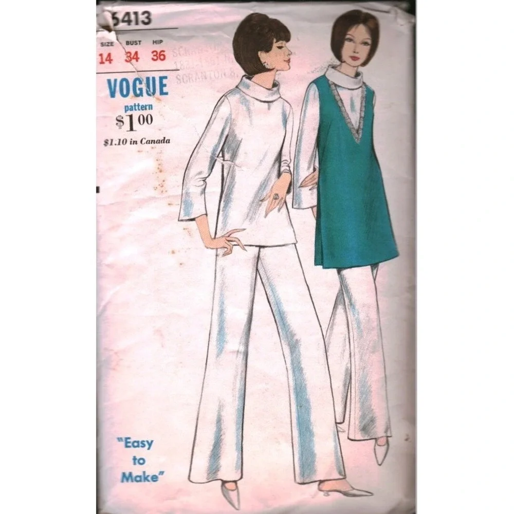 Vintage Vogue 6413 Sewing Pattern 1960s Mod Tunic Overblouse Bell Bottoms Sz 14